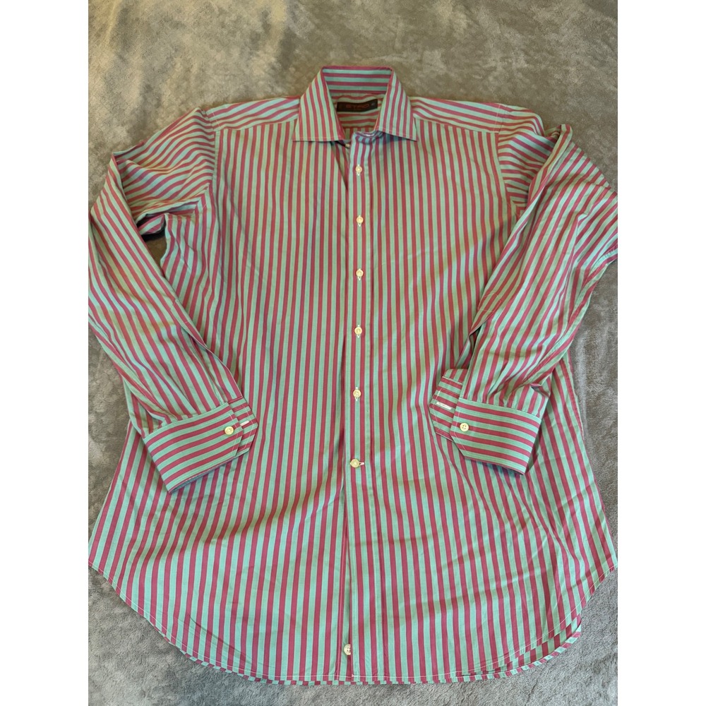Etro Milano Mens Striped Button Down Shirt Teal Magenta Made‎ in Italy Size 42